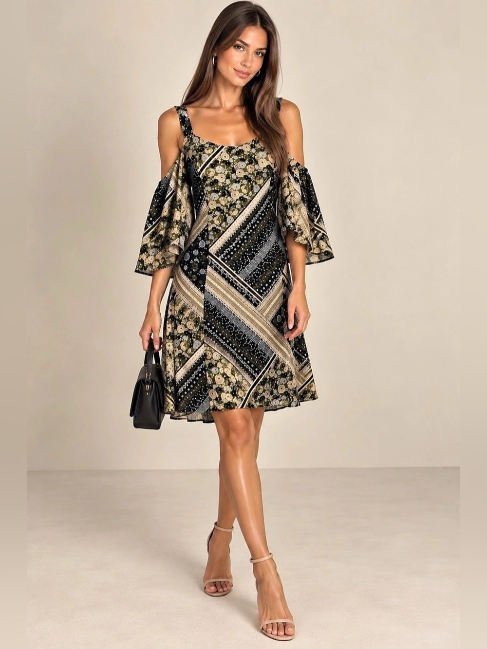 Limited Edition Olive Green Floral Patchwork Cold Shoulder Dress Size M